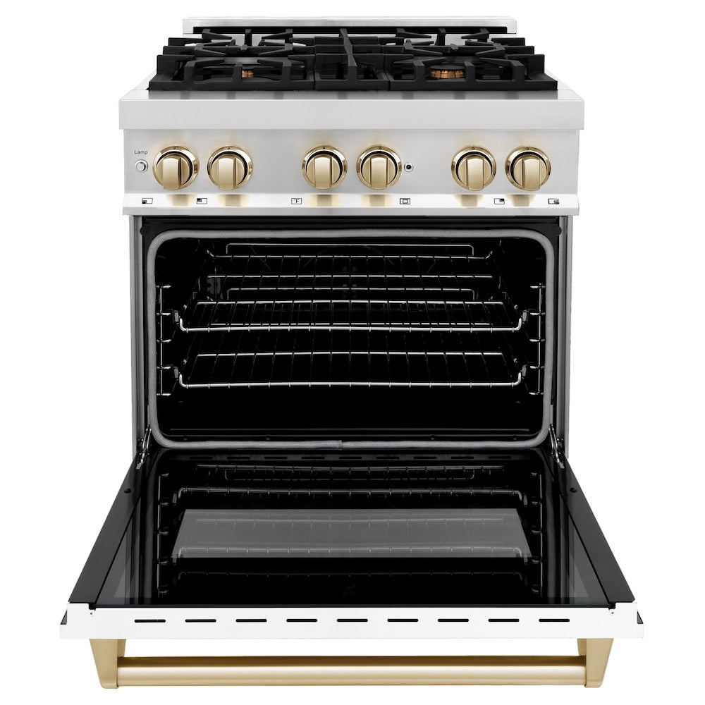 ZLINE Autograph Edition 30-inch Stainless Steel Dual Fuel Range with White Matte Door, Range Hood & Dishwasher - Professional Kitchen Package with Polished Gold Accents (3AKP RAWMRHDWM30 G) - Perfect for Gourmet Cooking & Luxury Home Kitchens