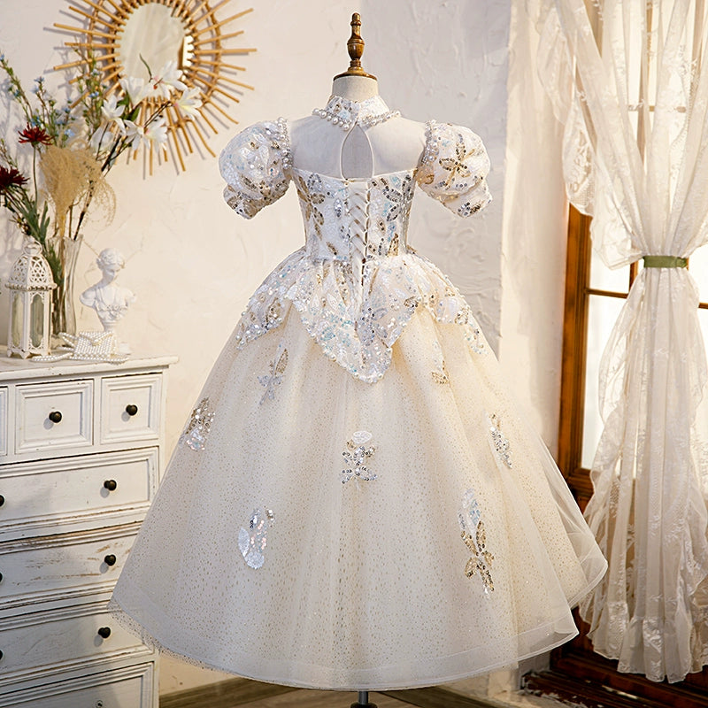 Champagne Princess Round Floor Length Sequined Flower Girl Dress for Weddings, Pageants & Special Occasions