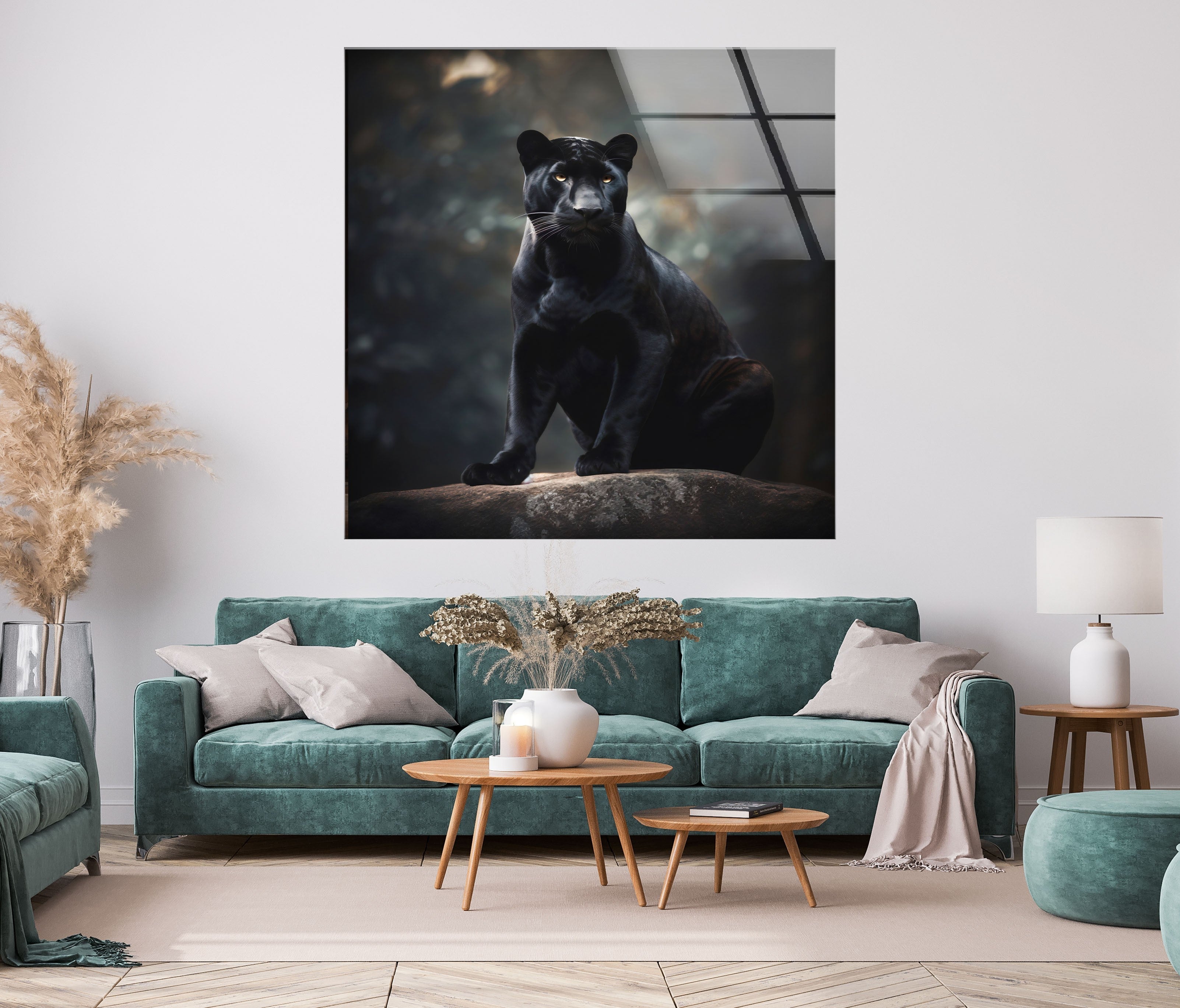Black Puma Cool Glass Wall Art - Modern Home Decor for Living Room, Bedroom & Office - Unique Animal Themed Stained Glass Panel Artwork