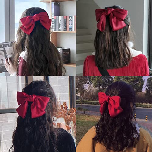 Large Soft Silky Chiffon Hair Bow Clips - Big Bowknot Barrettes for Women & Girls - Elegant French Hair Accessories for Parties, Weddings & Daily Wear (Red)