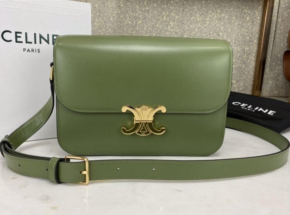 Celine Medium Triomphe Bag in Shiny Calfskin Light Khaki - Luxury Designer Handbag for Women, Perfect for Work, Evening Events & Everyday Use