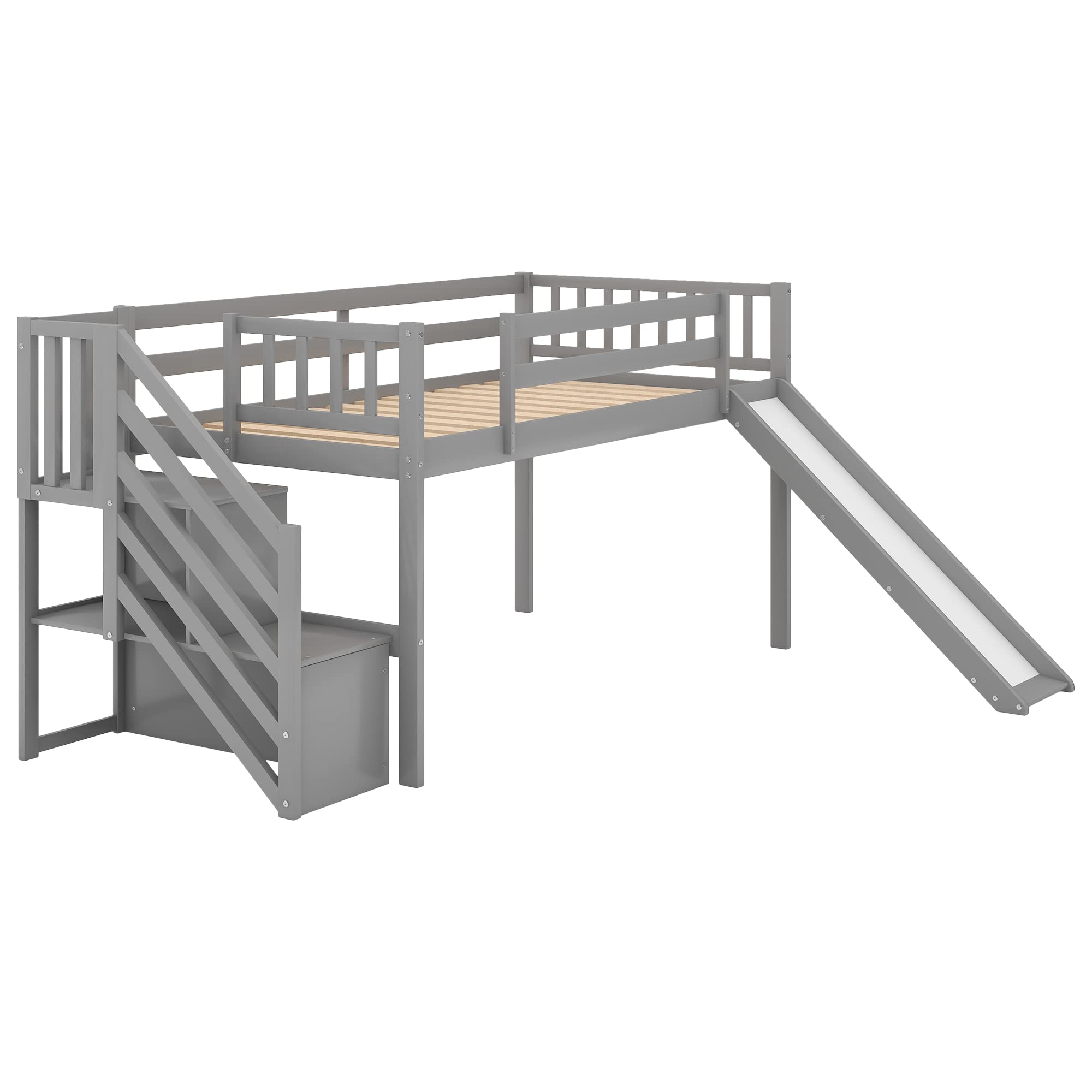 Convertible Twin Size Solid Wood Loft Bed with Fun Slide & Storage Staircase - Kids & Teens Low Bunk Bed with Safety Guardrail & Reinforced Wood Slats (Grey) - Perfect for Small Bedrooms, Playrooms & Dorm Rooms