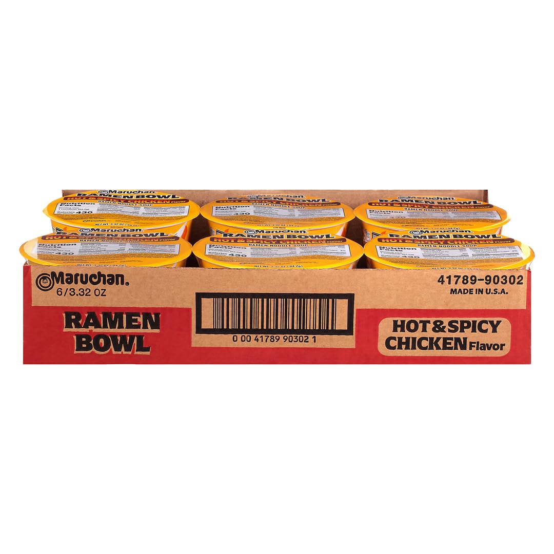 Maruchan Bowl Hot & Spicy Chicken Ramen Soup - Microwaveable Instant Noodles, 3.32 Oz (6-Pack) - Quick Lunch, Office Meals & College Dorm Snacks