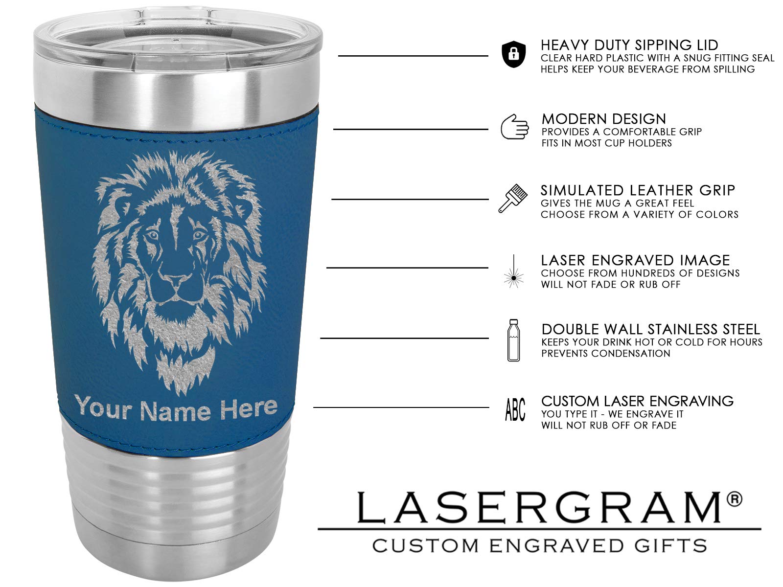 LaserGram 20oz Vacuum Insulated Stainless Steel Tumbler Mug with Personalized Engraving - Leakproof Travel Coffee Cup for Office, Camping & Outdoor Activities (Faux Leather Handle, Moose Design, Blue)