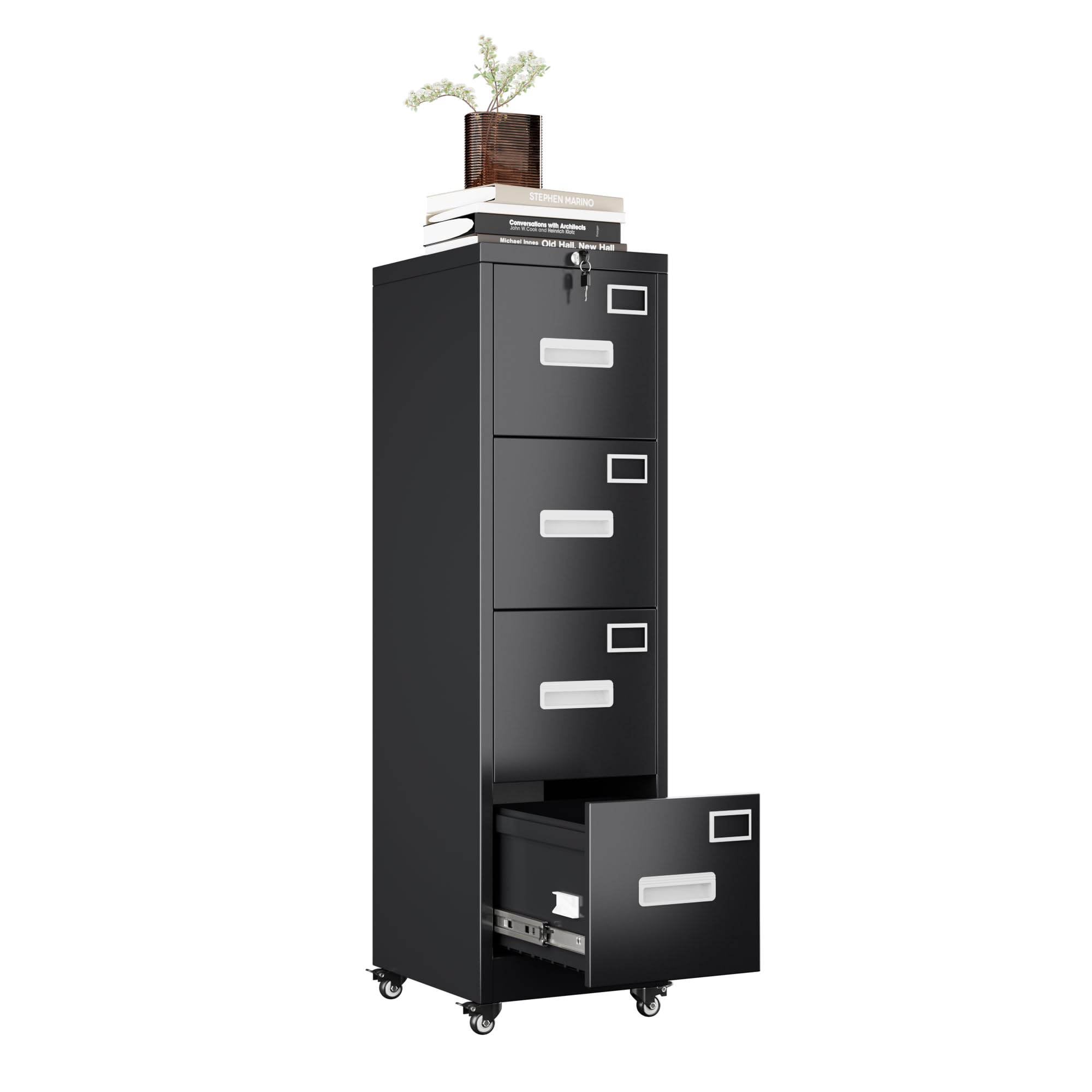 Lockable 4-Drawer Vertical File Cabinet on Wheels - Mobile Office & Home Storage Cabinet with Handle & Name Card - Easy Assembly, Black - Perfect for Organizing Documents, Files & Office Supplies