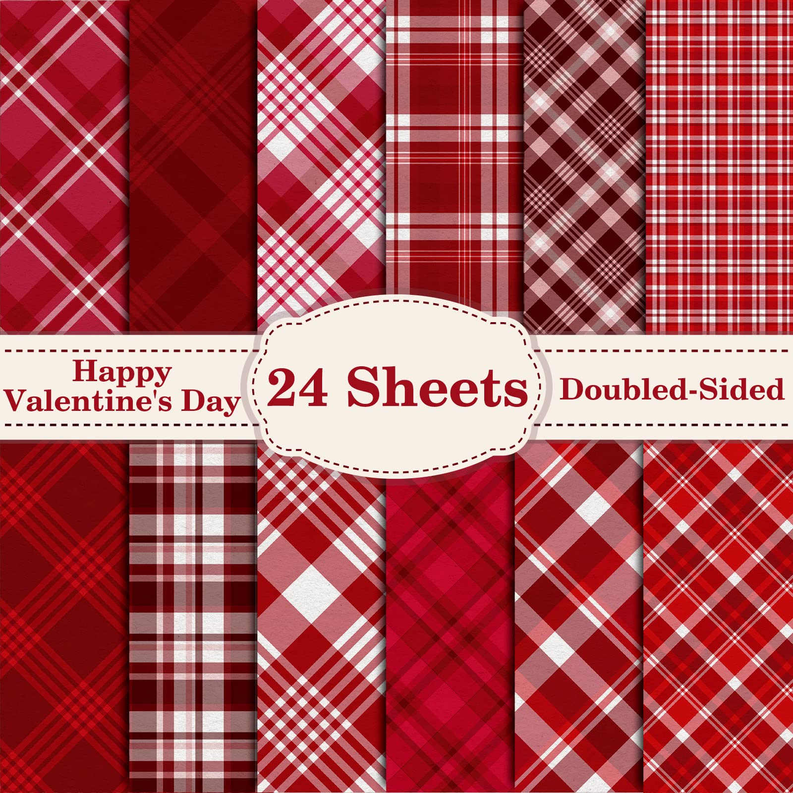 Whaline 12 Valentine's Day Pattern Paper Pack - 24 Sheets Red Buffalo Plaid Scrapbook Paper, Double-Sided Decorative Craft Paper for Card Making, Scrapbooking, DIY Projects | Perfect for Valentine's Cards, Gift Wrapping & Home Decor