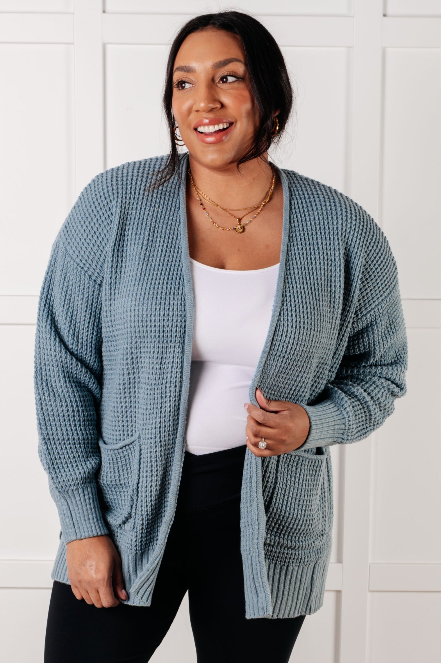 Blue Grey Waffle Knit Open Front Cardigan for Women - Cozy Layered Sweater for Fall & Winter | Perfect for Casual Outfits, Office Wear and Weekend Lounging