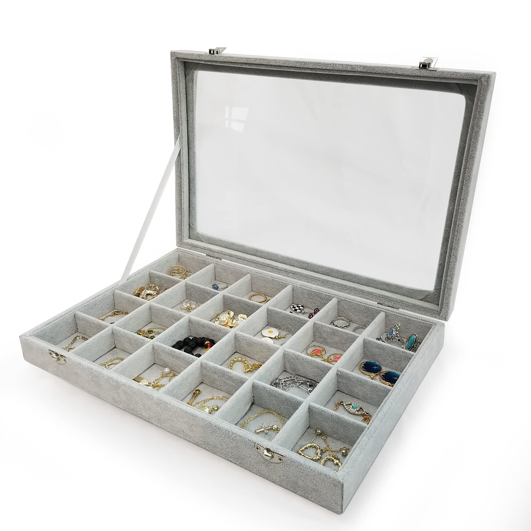 24 Grids Removable Jewelry Organizer Box with Ice Velvet & Clear Lid - Display Case for Earrings, Rings, Bracelets (Grey) | Perfect for Travel, Vanity & Gift Storage