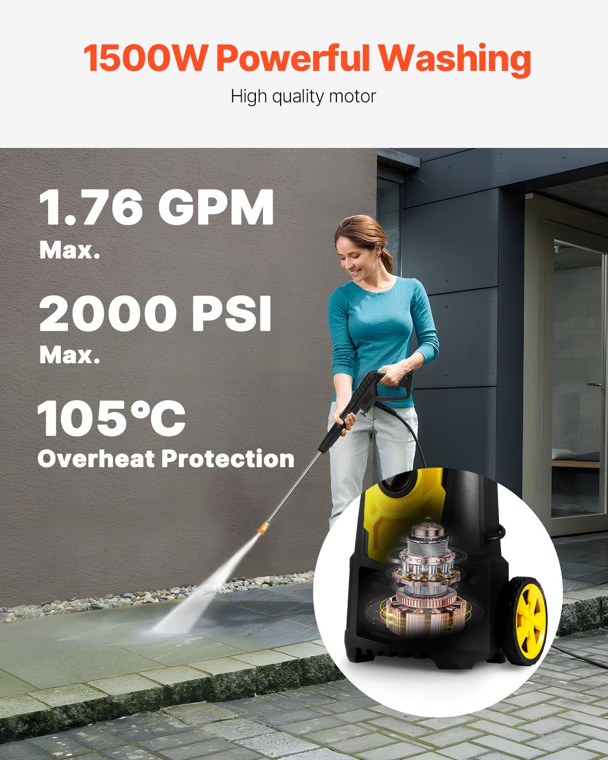 VEVOR Electric Pressure Washer 2000 PSI 1.76 GPM - High Power Washer with 30ft Hose, 5 Quick Connect Nozzles & Foam Cannon - Portable for Cleaning Patios, Cars, Fences, Driveways - ETL Certified - Perfect for Home, Garage & Outdoor Cleaning Projects