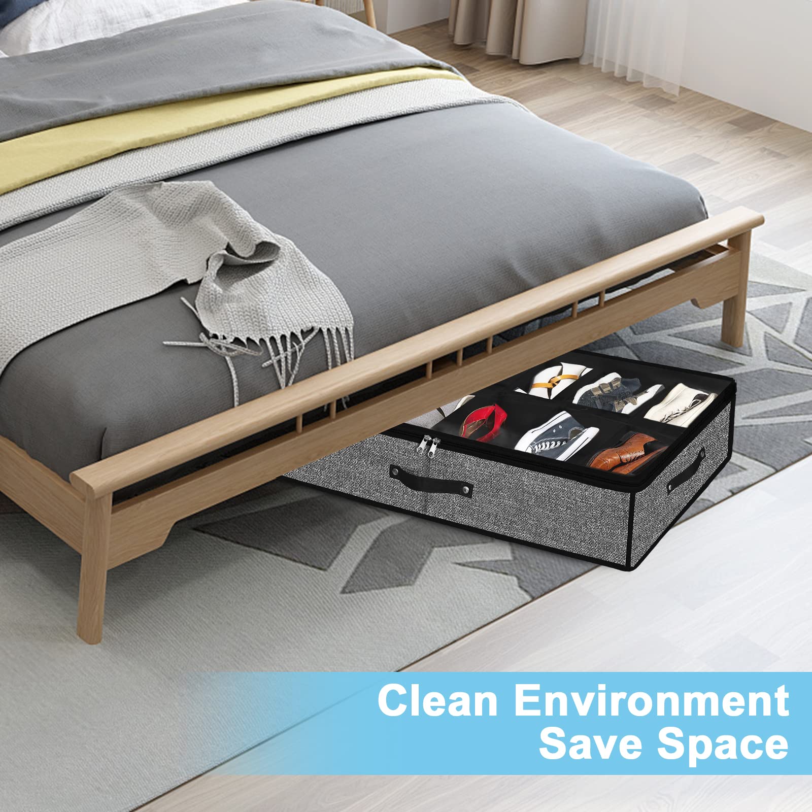 Under Bed Shoe Storage Organizer 2 Pack - Fits 24 Pairs, Foldable Shoe Rack with Clear Window & Sturdy Handles, Space-Saving Closet Organizer for Sneakers, Boots & Sandals - Perfect for Bedroom, Dorm & Small Spaces