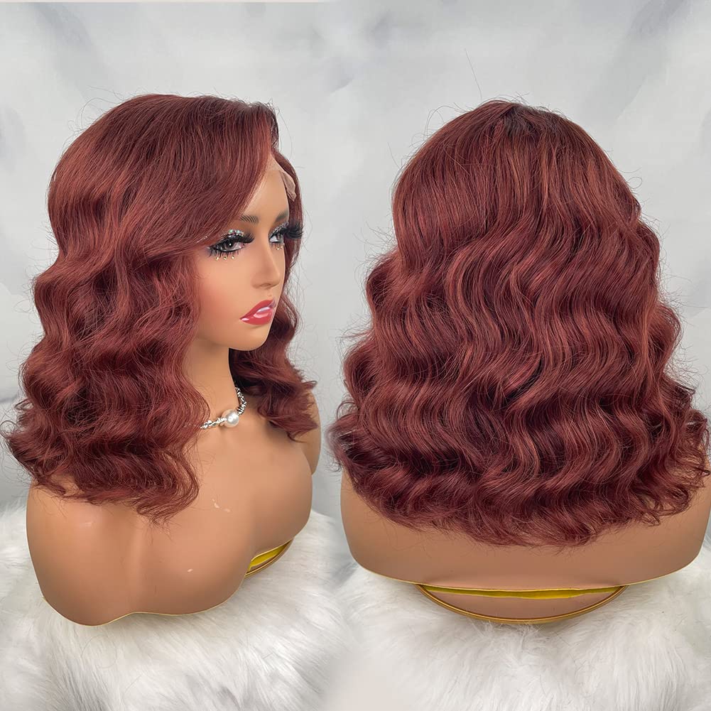 Brazilian Human Hair Bob Wig 14 Inch - Reddish Brown Auburn Lace Front Wig with 5x5 Glueless Closure, Pre-Plucked Body Wave for Black Women | Perfect for Daily Wear, Parties & Protective Styling