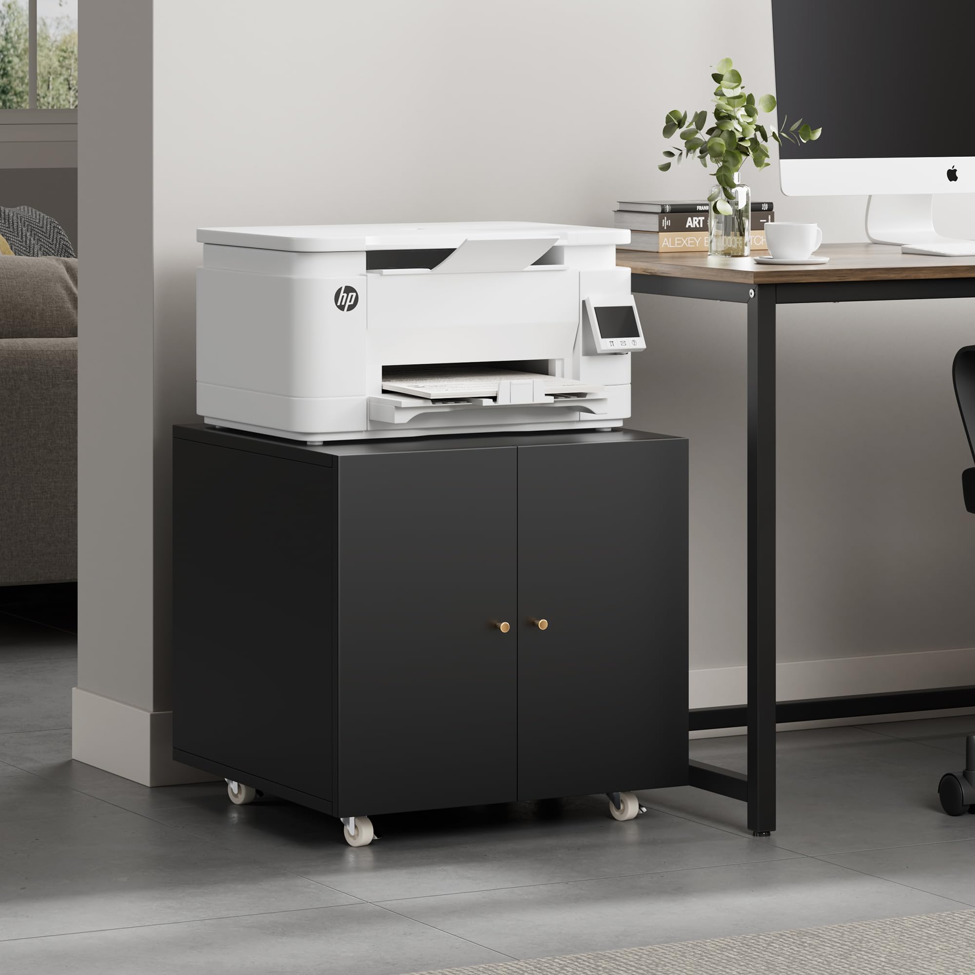 Warmiehomy Metal Printer Stand with Storage - Mobile Printer Table with Adjustable Shelf & Wheels, File Cabinet for Home Office, Small Spaces (Black) - Perfect for Organizing Printers, Files & Office Supplies in Compact Areas