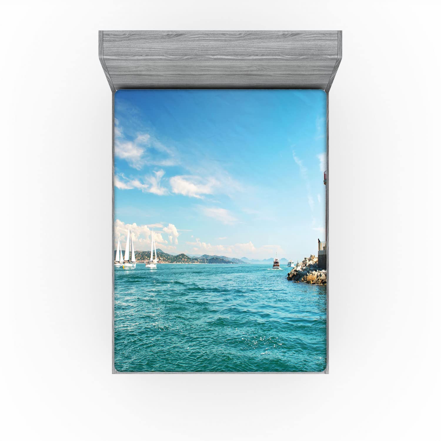 Ambesonne Lighthouse Fitted Sheet - Full Size Coastal Seascape Bedding with Deep Pocket, Sailboat & Island Design - Perfect for Beach House, Guest Room & Nautical Themed Decor