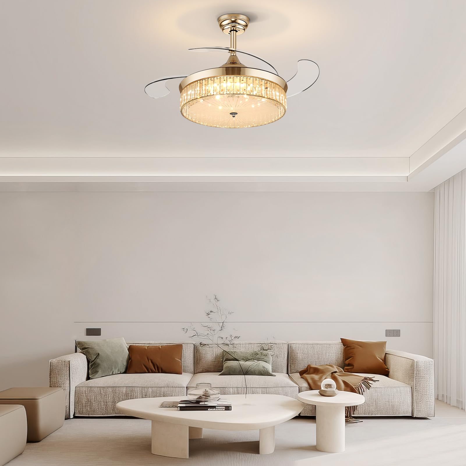 Ohniyou 42 Inch Retractable Ceiling Fan with Lights Remote Control, Crystal Chandelier Ceiling Light Fixture, Dimmable Fandelier for Bedroom Living Room Dining Room Indoor Use (Gold) - Perfect for Home Cooling and Stylish Lighting Decor