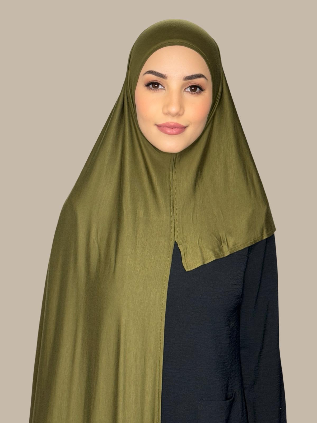 Pre-Sewn Jersey Hijab - Soft & Stretchy Olive Green Headscarf for Women - Perfect for Daily Wear, Work & Prayer