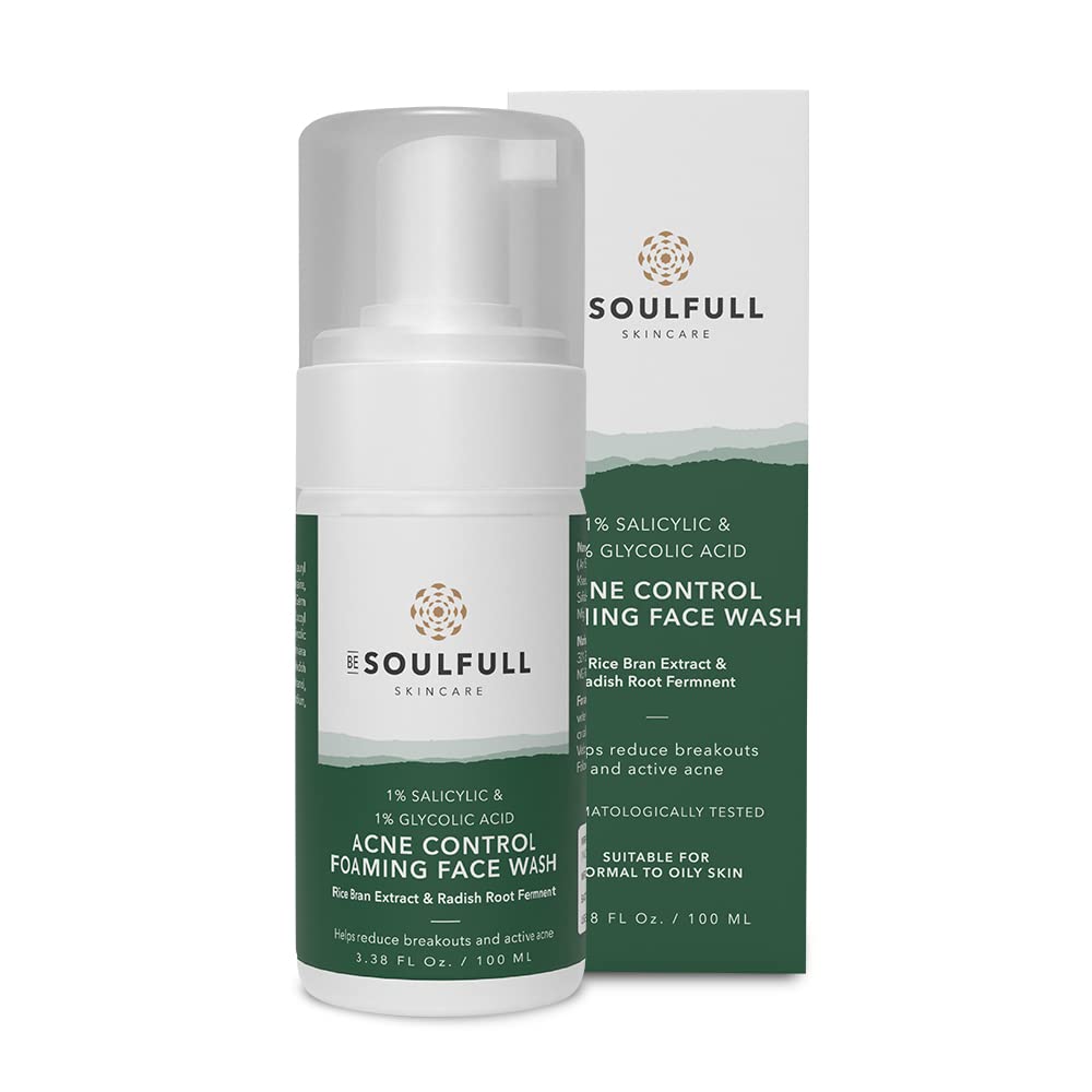 BE SOULFULL Acne Foaming Face Wash with 1% Salicylic Acid & Glycolic Acid - Oil Control & Exfoliating Daily Face Wash for Acne Prone Skin - Reduces Pores & Dead Skin Cells - 100ml - Perfect for Morning & Night Skincare Routine