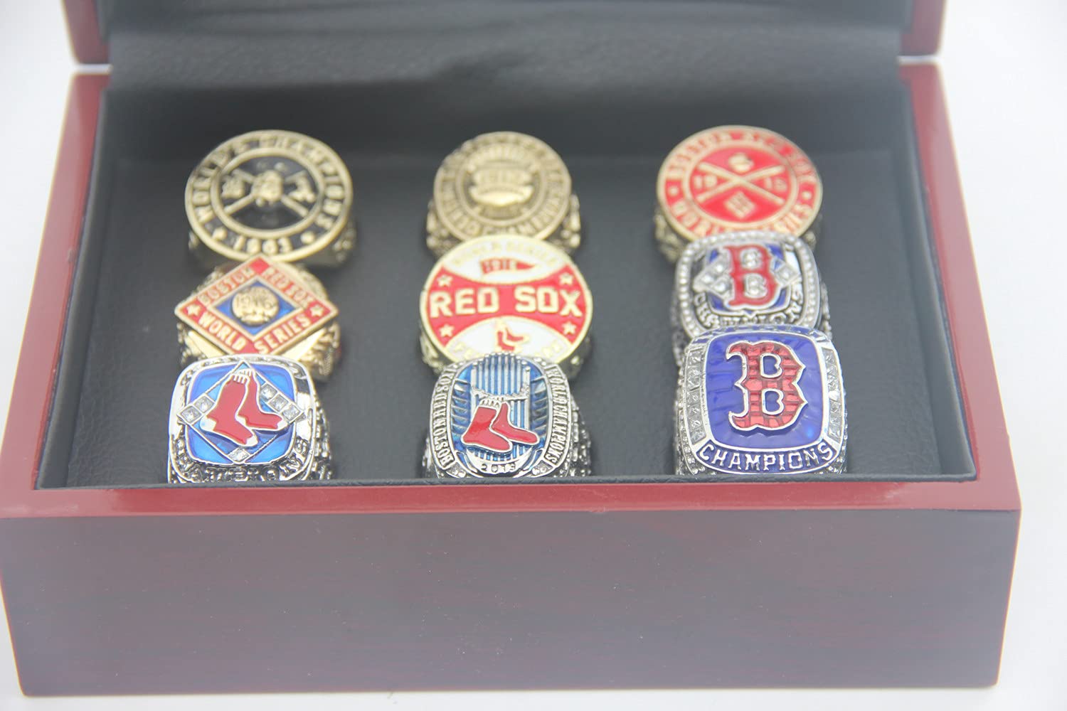 Valman Red Sox 9-Time World Champions Rings Set with Wooden Box - Boston Championship Ring Gift for Men, Women, Kids & Fathers - Perfect for Baseball Fans, Sports Collectors & Anniversary Gifts