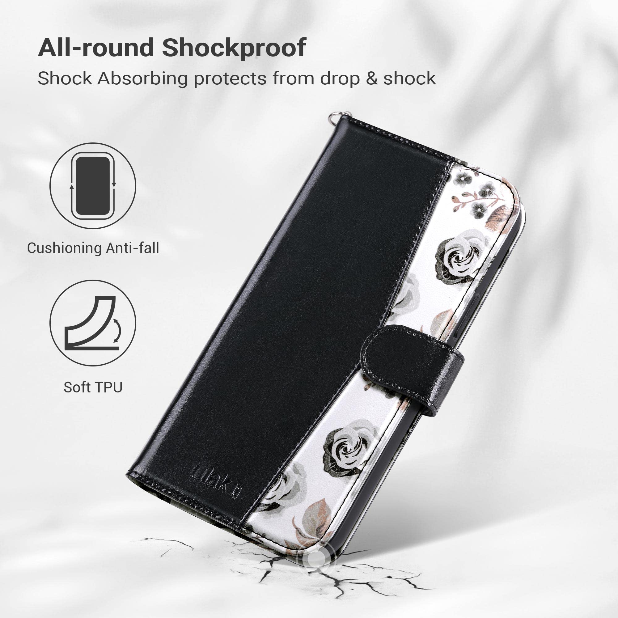 ULAK iPhone 13 Pro Max Wallet Case 6.7 Inch - Floral PU Leather Flip Cover with Card Slots & Kickstand | Shockproof Protective Phone Case for Women | Perfect for Work, Travel & Everyday Use (Black)