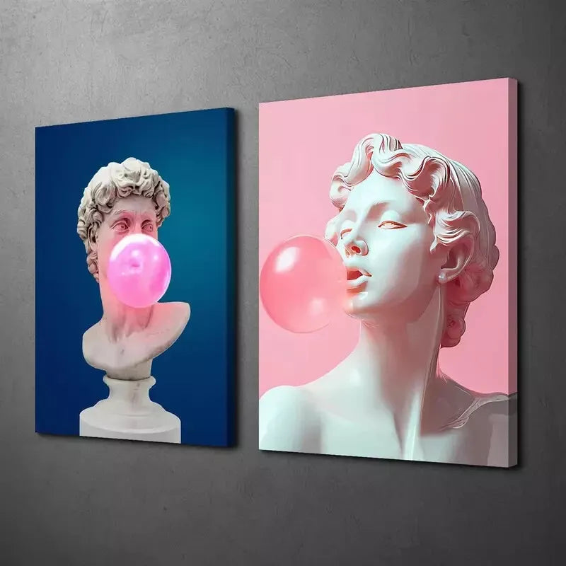 2pcs Whimsical David Bust & Pink Gum Bubbles Design Canvas Wall Art - 50x75cm Framed High Quality Print | 100% Australian Made | Ready to Hang | Perfect for Living Room, Bedroom & Office Decor