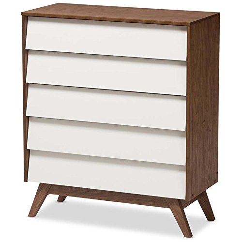 Allora 5-Drawer Dresser Chest in White & Walnut Brown - Stylish Bedroom Storage for Clothes, Linens & Accessories