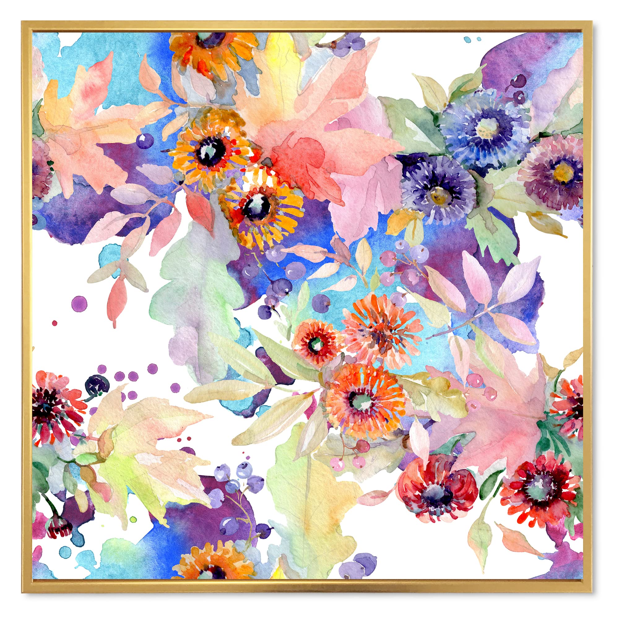 DesignQ Floral Botanical Flowers Framed Canvas Wall Art Print - Modern Home Decor for Living Room, Bedroom & Office