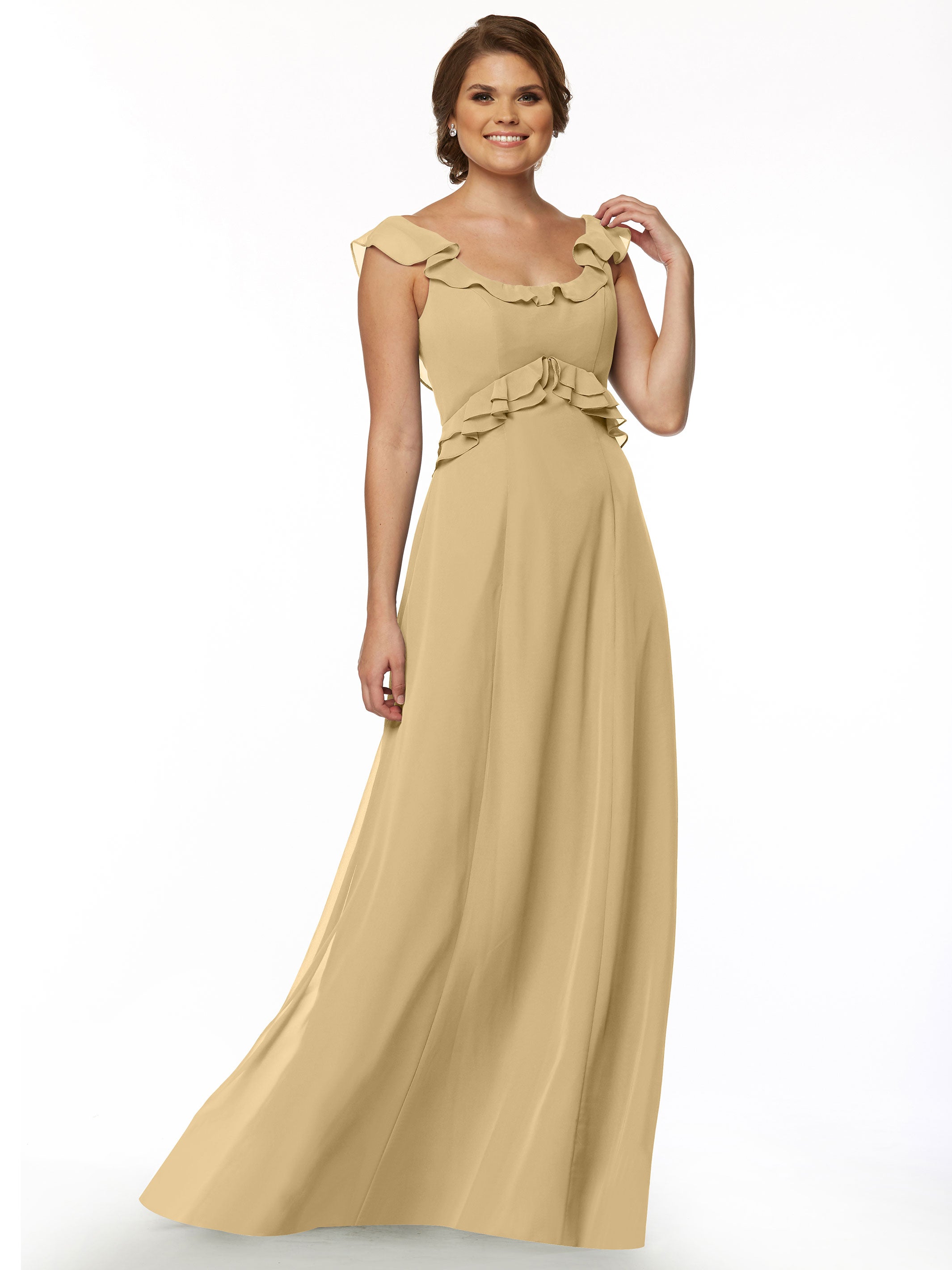 Elegant 80173 Chiffon Off-The-Shoulder A-Line Bridesmaid Dress with Ruffled Bodice - Perfect for Weddings, Formal Events & Special Occasions