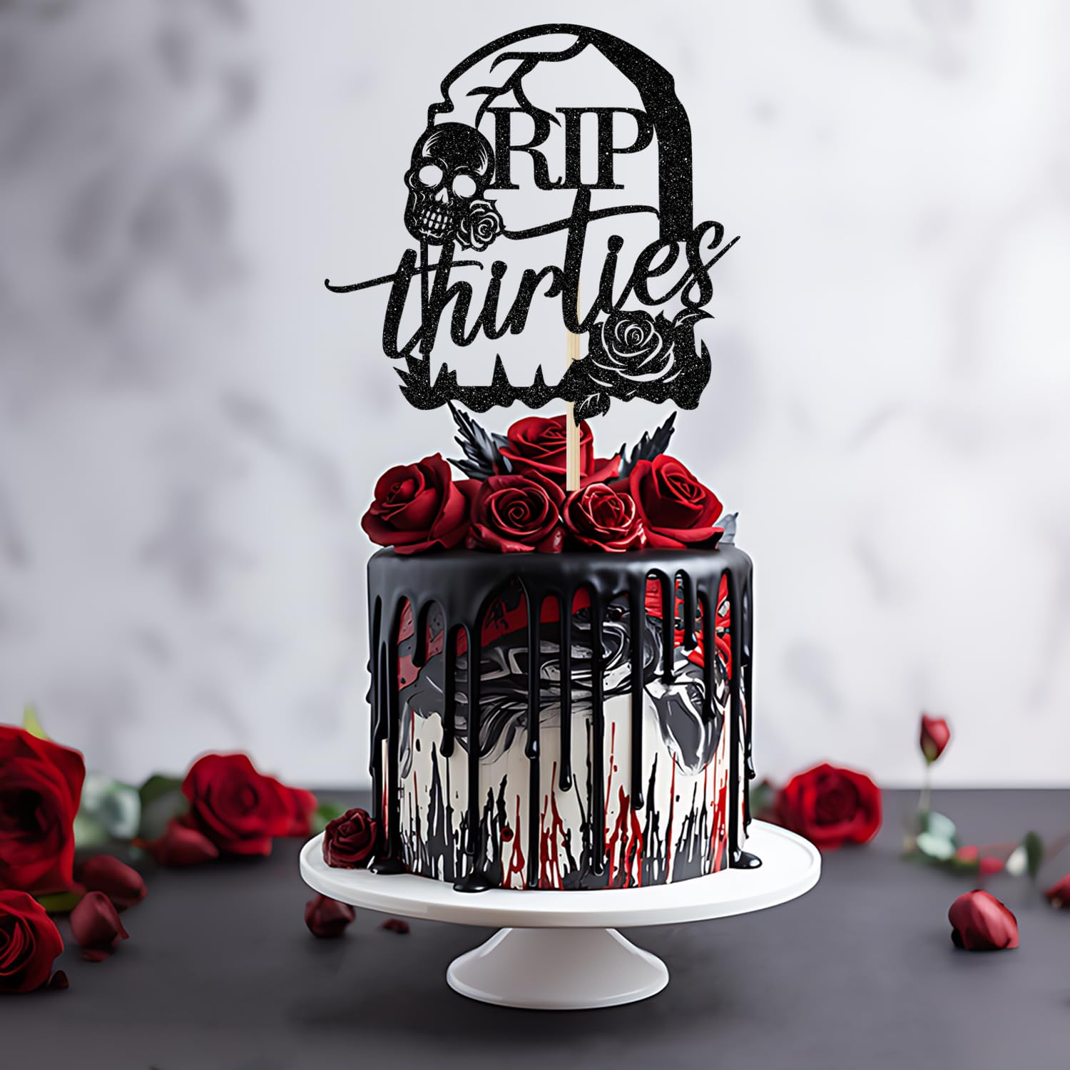 RIP 30s Cake Topper - Death to My Thirties Black Glitter Cake Decor - Funeral Theme 35th & 40th Birthday Party Supplies - Perfect for Dark Humor Celebrations & Milestone Birthday Decorations