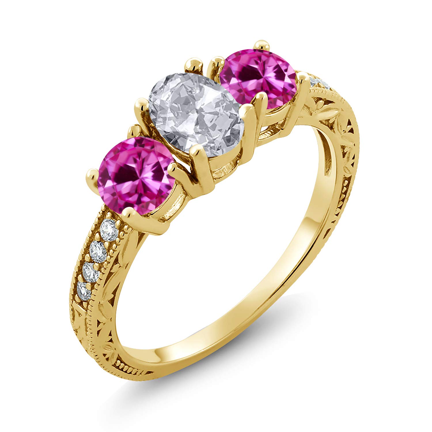 2.17 Ct White Topaz & Pink Created Sapphire 18K Yellow Gold Plated Silver Ring for Women | Elegant Gemstone Jewelry Gift for Anniversary, Birthday & Special Occasions