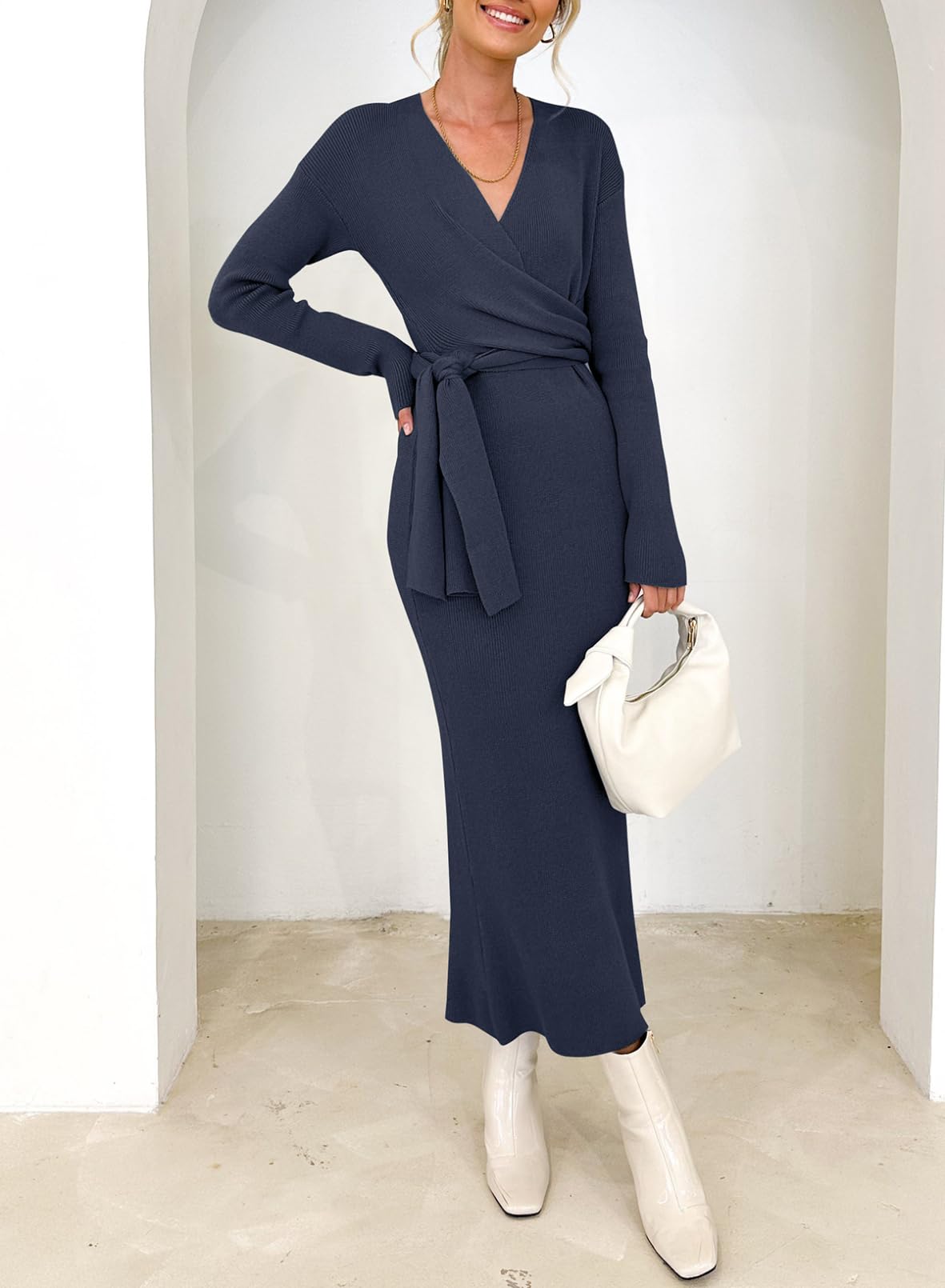 Happy Sailed Women's Knit Dress - Long Sleeve Wrap V-Neck Ribbed Sweater Dress with Tie Waist for Spring | Casual Office Wear & Date Night Outfits
