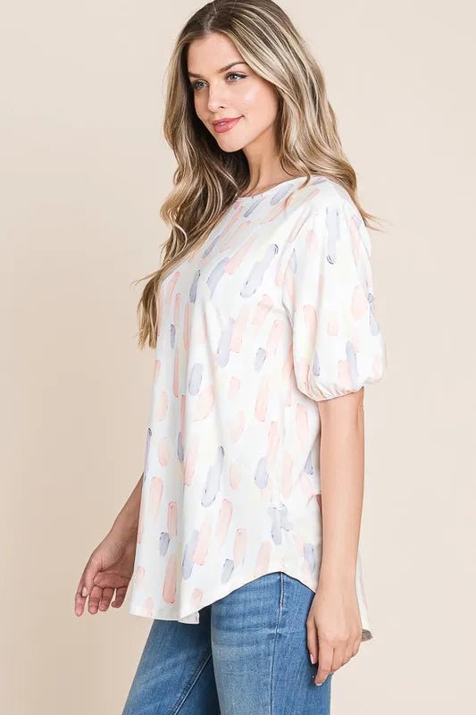 BOMBOM Women's Round Neck Puff Short Sleeve Blouse - Flowy Summer Top for Casual Wear, Office & Date Night