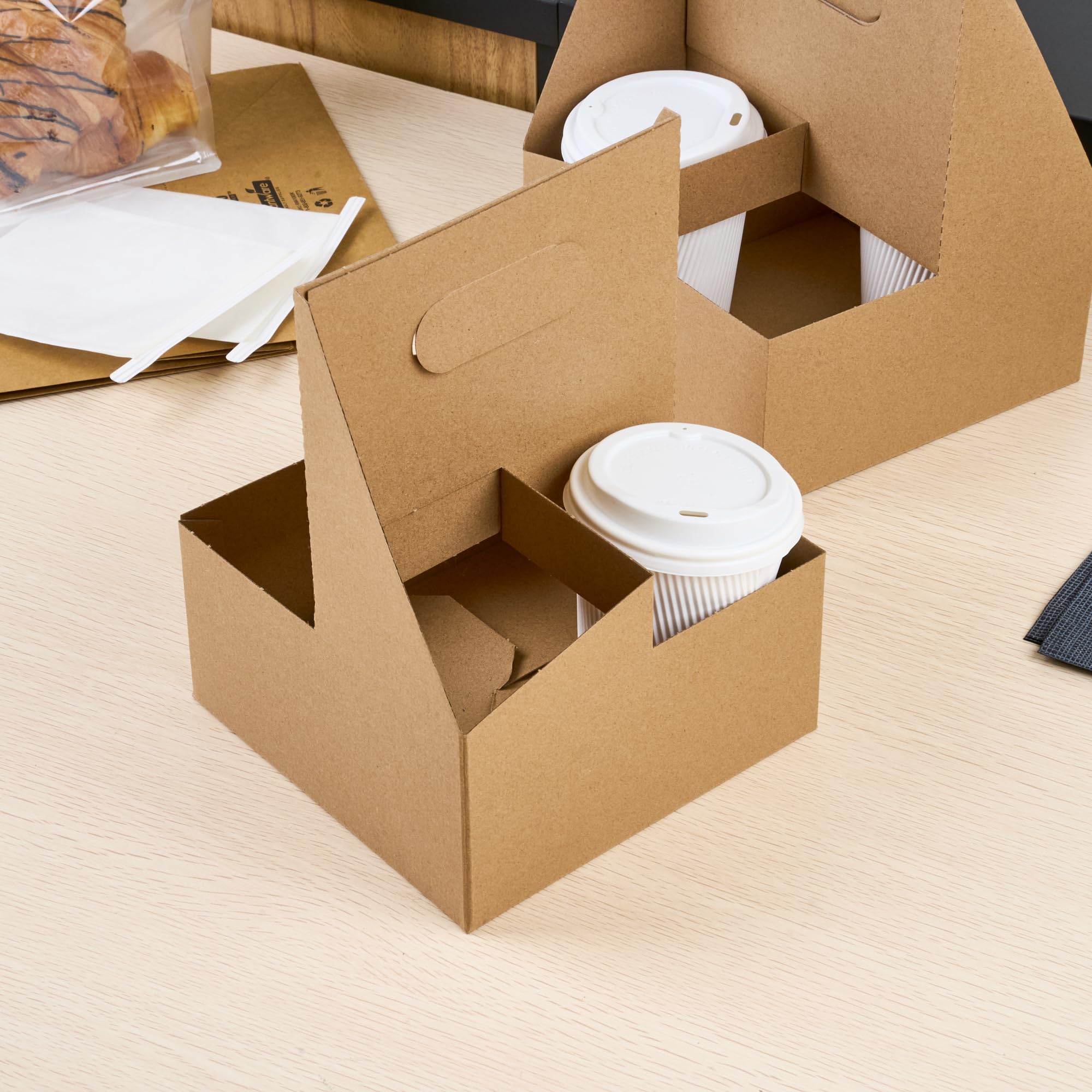 Restaurantware Altalena 100-Pack Disposable Drink Carriers with Handles - Kraft Paper Cup Holders for 4 Beverages | Perfect for Coffee, Smoothie & Bubble Tea Delivery, Takeout & Food Truck Use