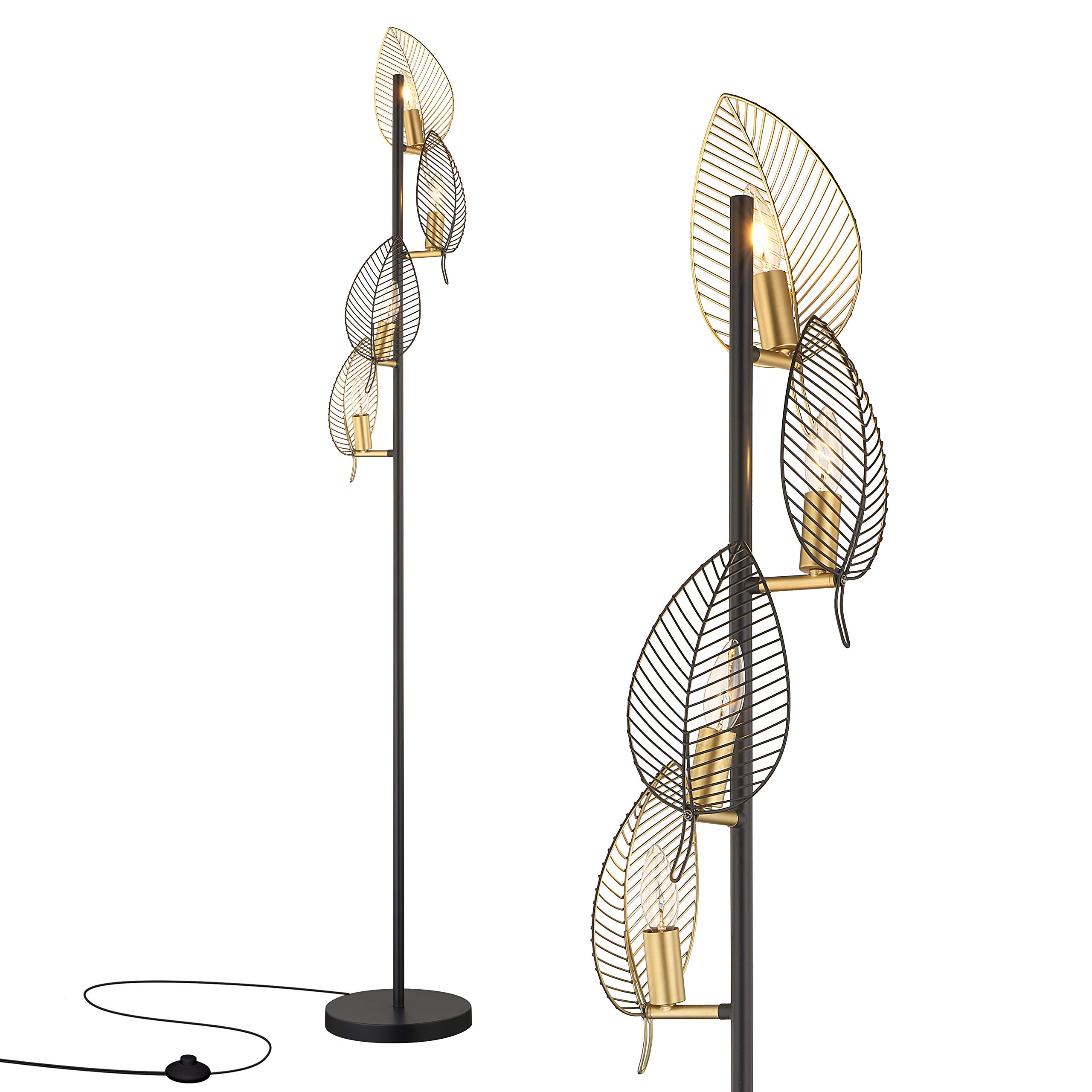 WOXXX Industrial Black Floor Lamp with 4 Bulbs & Gold Leaf Shade - Modern Tree Design Standing Lamp for Living Room, Bedroom, Office - Perfect for Reading, Farmhouse Decor & Ambient Lighting