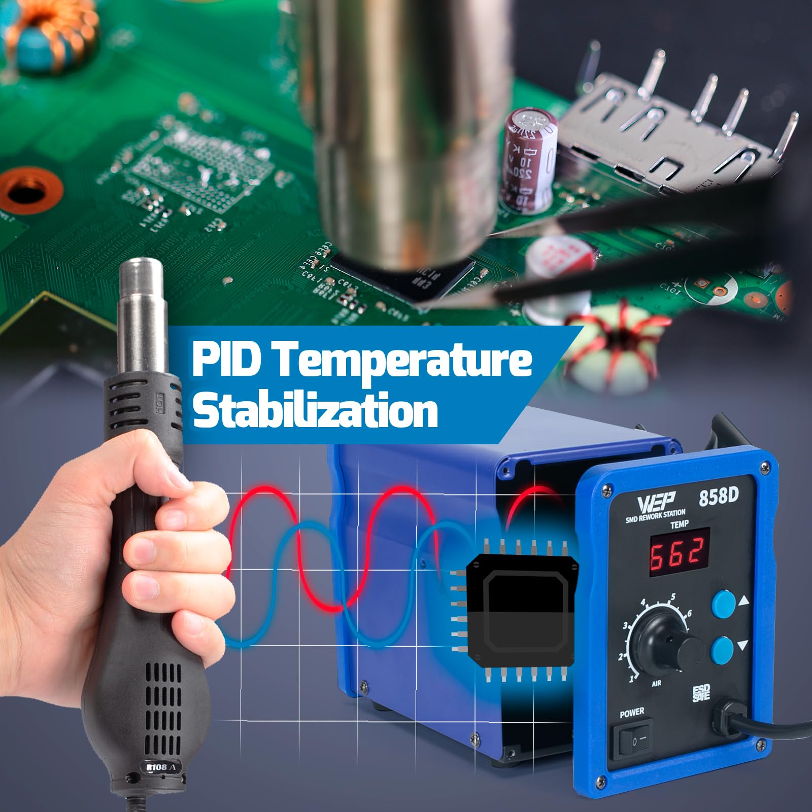 WEP 858D Digital Hot Air Rework Station with Temperature Control & Adjustable Air Flow - 3 Nozzles for SMD Soldering, PCB Repair, and Electronics DIY Projects