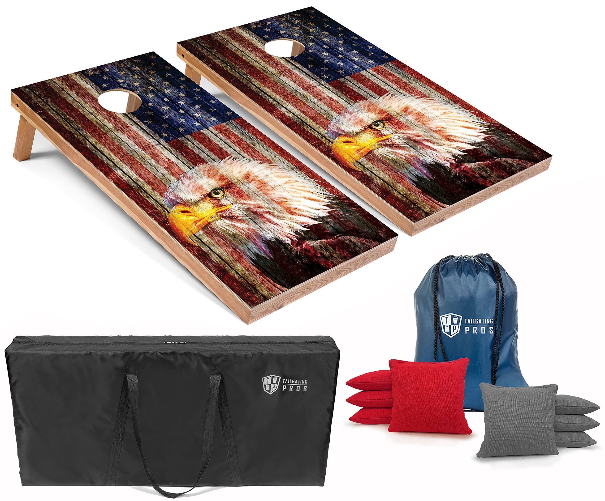 Patriotic Eagle US Flag Cornhole Board Set with Bean Bags & Carrying Case - 4'x2' Premium Outdoor Toss Game for Backyard, Tailgating, BBQ Parties - Optional LED Lights for Night Play