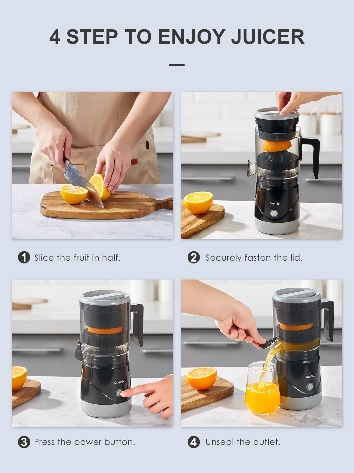 Reemix Electric Citrus Juicer - One-Touch Automatic Orange, Lemon & Grapefruit Squeezer with Cleaning Brush | Portable & Easy to Clean | Perfect for Breakfast, Juice Bars & Healthy Home Cooking