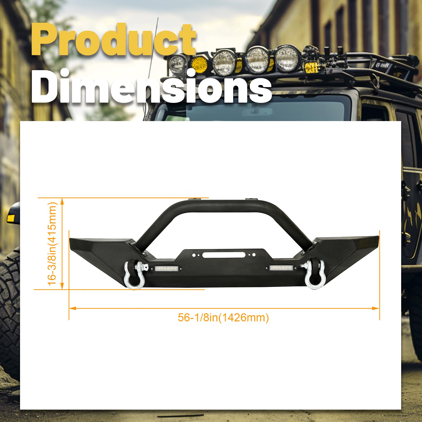 Heavy Duty ECOTRIC Front Bumper with Winch Plate & D-Ring for 1987-2006 Jeep Wrangler TJ YJ | 2 LED Lights | Black Rock Crawler Design | Off-Road Adventure & Trail Protection
