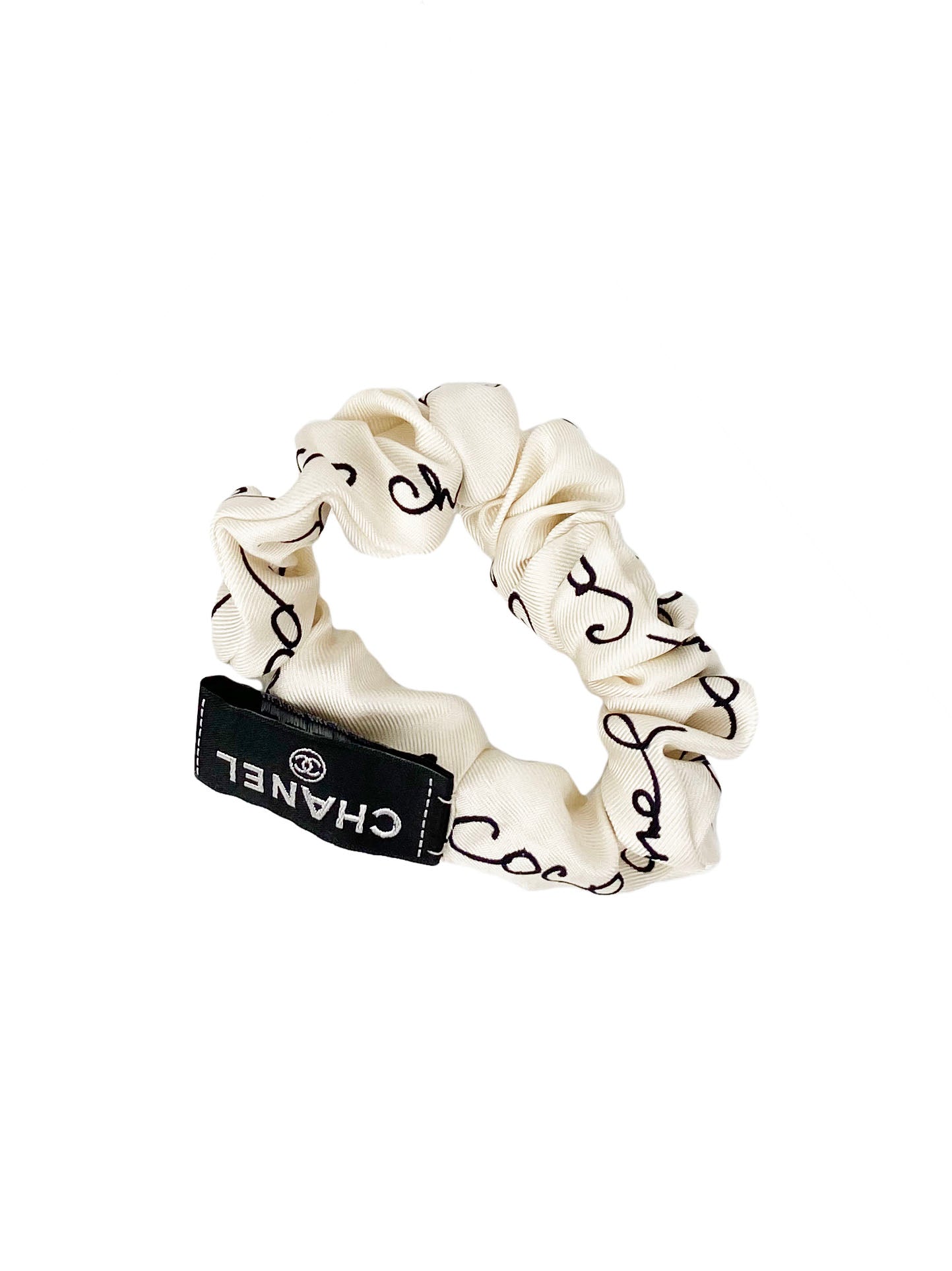 Chanel White and Black Silk Scrunchie & Headscarf Set - Luxury Hair Accessories for Women, Elegant Headband & Ponytail Holder - Perfect for Parties, Weddings, and Everyday Fashion