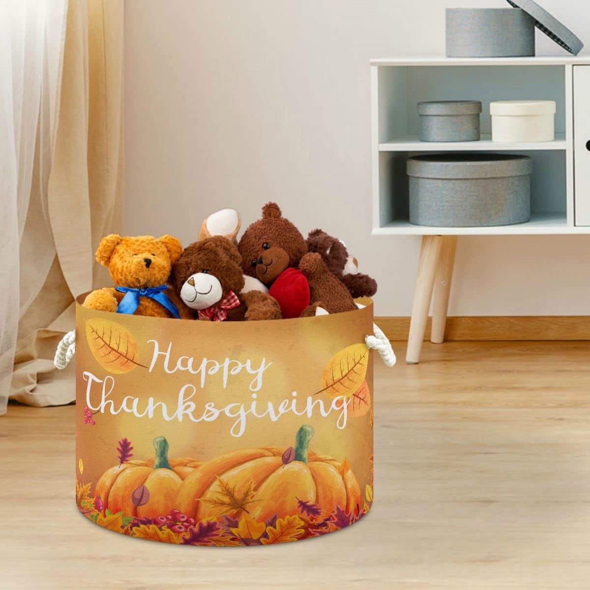 Happy Thanksgiving Fall Leaves Kids Toy Storage Basket - Organizer Bin Box for Laundry Hamper, Nursery, Playroom & Pet Toys | Perfect for Holiday Decor, Child's Room Organization & Dog Toy Storage