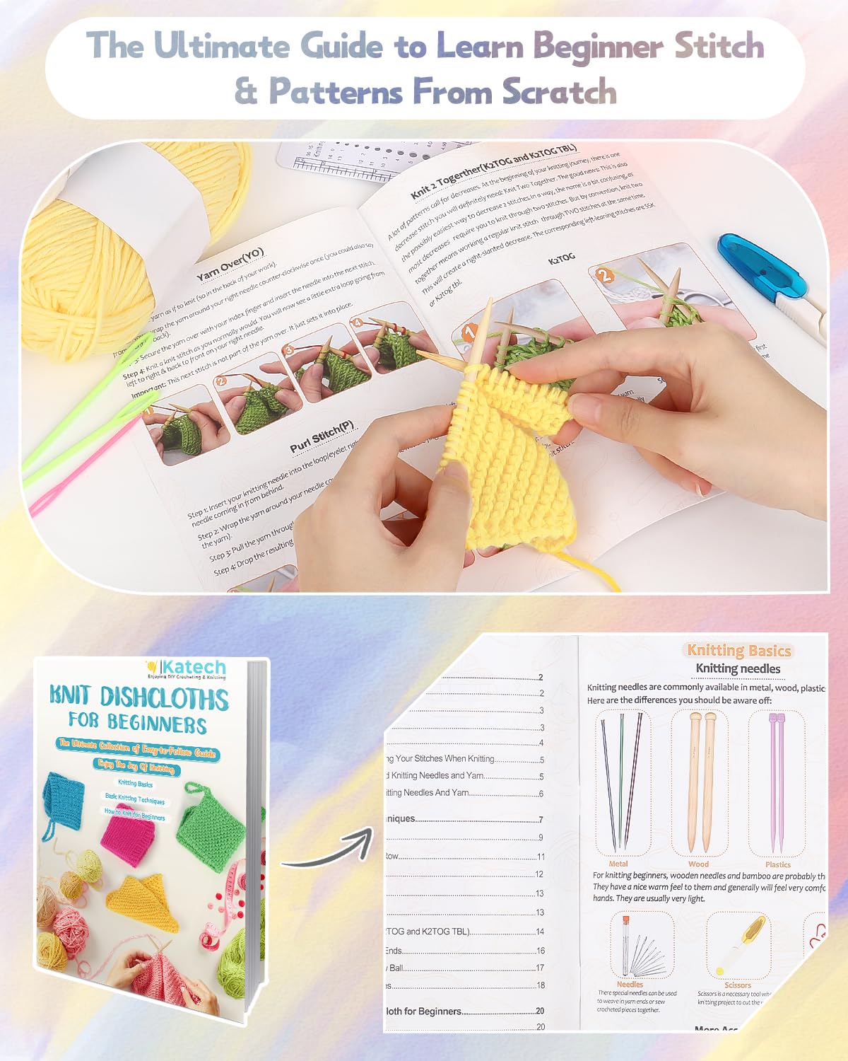 Katech Beginner Knitting Kit for Adults - Complete Set with Instruction Book, Knitting Needles & Soft Yarn - DIY Craft Kit for Learning to Make Dishcloths, Scarves & Home Decor - Perfect Gift for Craft Lovers