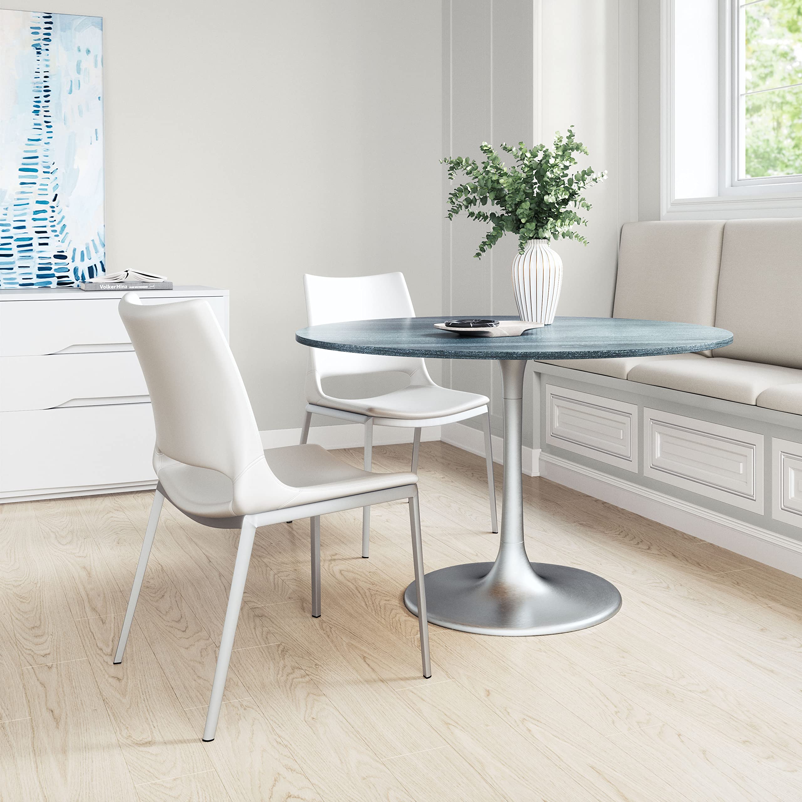 Ace Modern Dining Chairs (Set of 2) - White & Silver Metal Frame - Comfortable Kitchen Chairs for Dining Room, Breakfast Nook, or Small Space