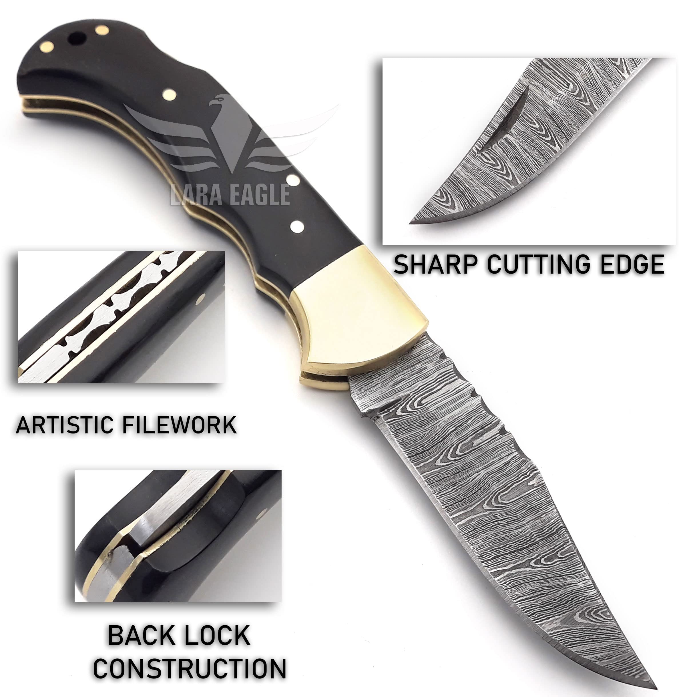 Premium Damascus Pocket Knife for Men - 133 Layer High Carbon Steel Handcrafted Folding Hunting Knife with Sharpener & Leather Sheath - Perfect Outdoor Survival Tool for Camping, Hunting, Hiking - Ideal Father's Day Gift for Husband, Dad (Buffalo Horn Handle) - Great for Bushcraft, Fishing, and Everyday Carry (EDC)