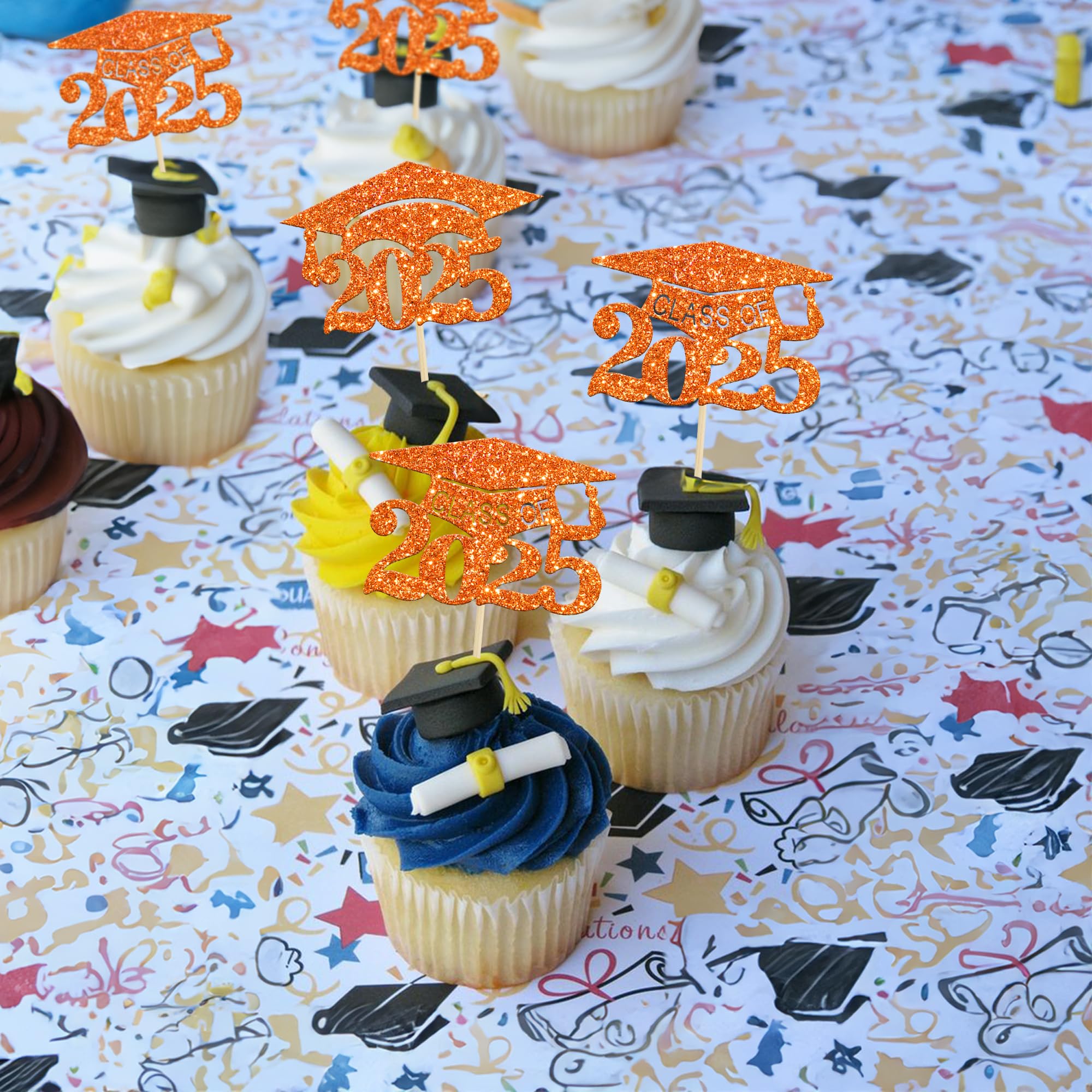 24Pcs 2025 Graduation Cap Cupcake Toppers - Orange Glitter Class of 2025 Cake Decorations for Graduation Party, Birthday, School Celebration | Perfect for Cupcakes, Cakes, Desserts
