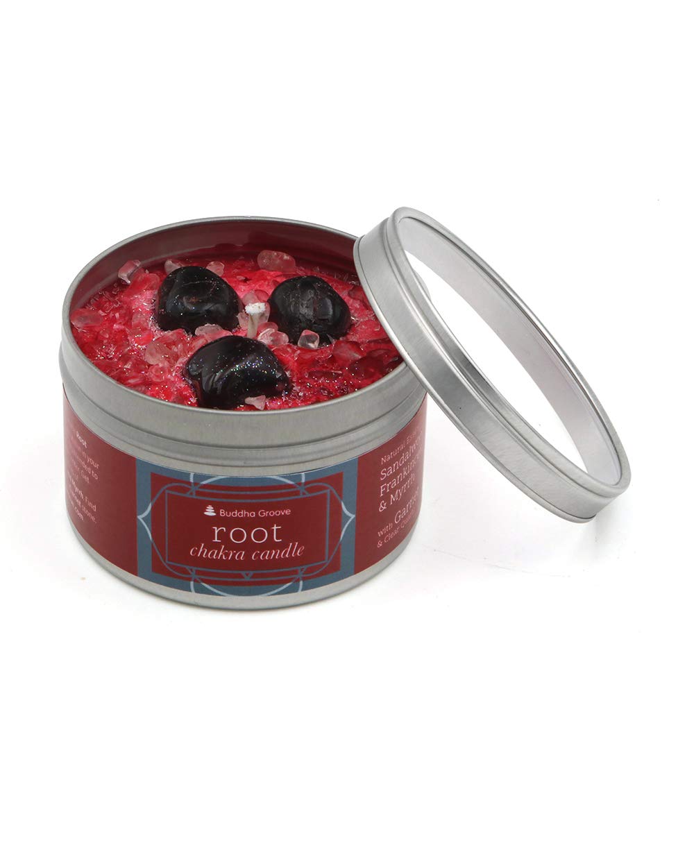 Buddha Groove Chakra Gemstone Candles with Essential Oils | Natural Soy Wax & Vegetable Dyes | Root Chakra Healing Stones & Glitter Topping | Meditation, Yoga & Spiritual Decor Gift