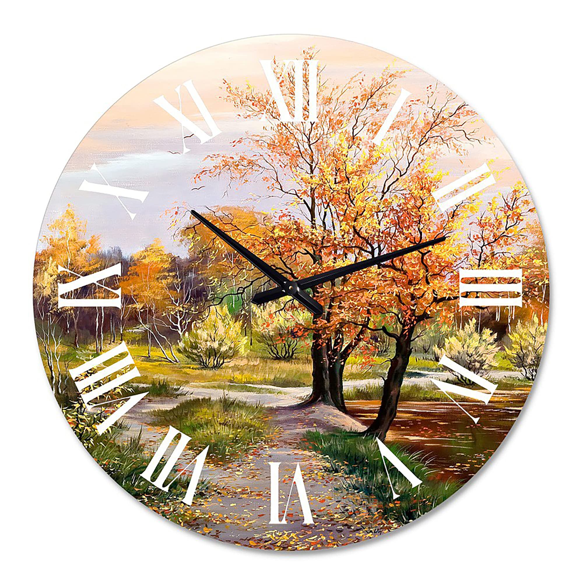 Large 'River in The Orange Woods' Landscape Wall Clock - Nature-Inspired Decor for Home, Office & Living Room | Silent Non-Ticking Modern Clock