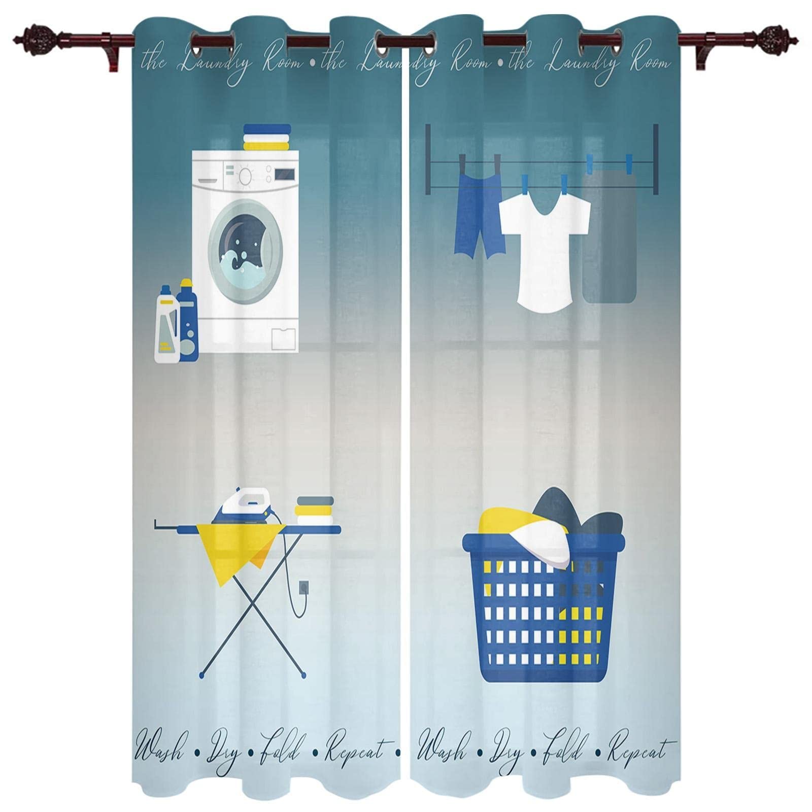 Blue 3D Printing Laundry Machine Pattern Blackout Curtains - Thermal Insulated Eyelet Window Treatments for Kids Bedroom & Laundry Room (52x84 Inches, 2 Panels) - Perfect for Nursery, Playroom & Home Decor