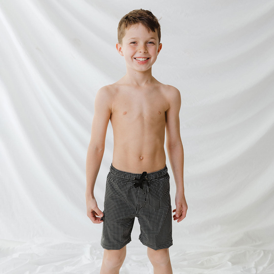 Black Checkers Jr. Swim Trunks for Boys - Quick Dry Swim Shorts with Fun Checkerboard Pattern - Perfect for Pool, Beach & Summer Water Activities
