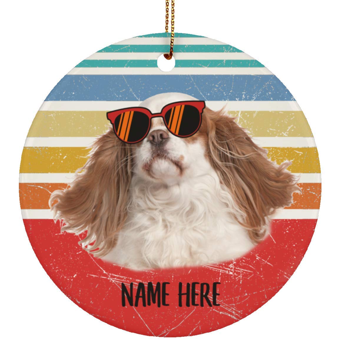 Personalized Cavalier King Charles Spaniel Ceramic Ornament - Funny White & Red Glasses Sunset Retro Design - Custom Name Christmas Gift 2024 - Perfect for Holiday Tree Decor & Pet Lover Presents