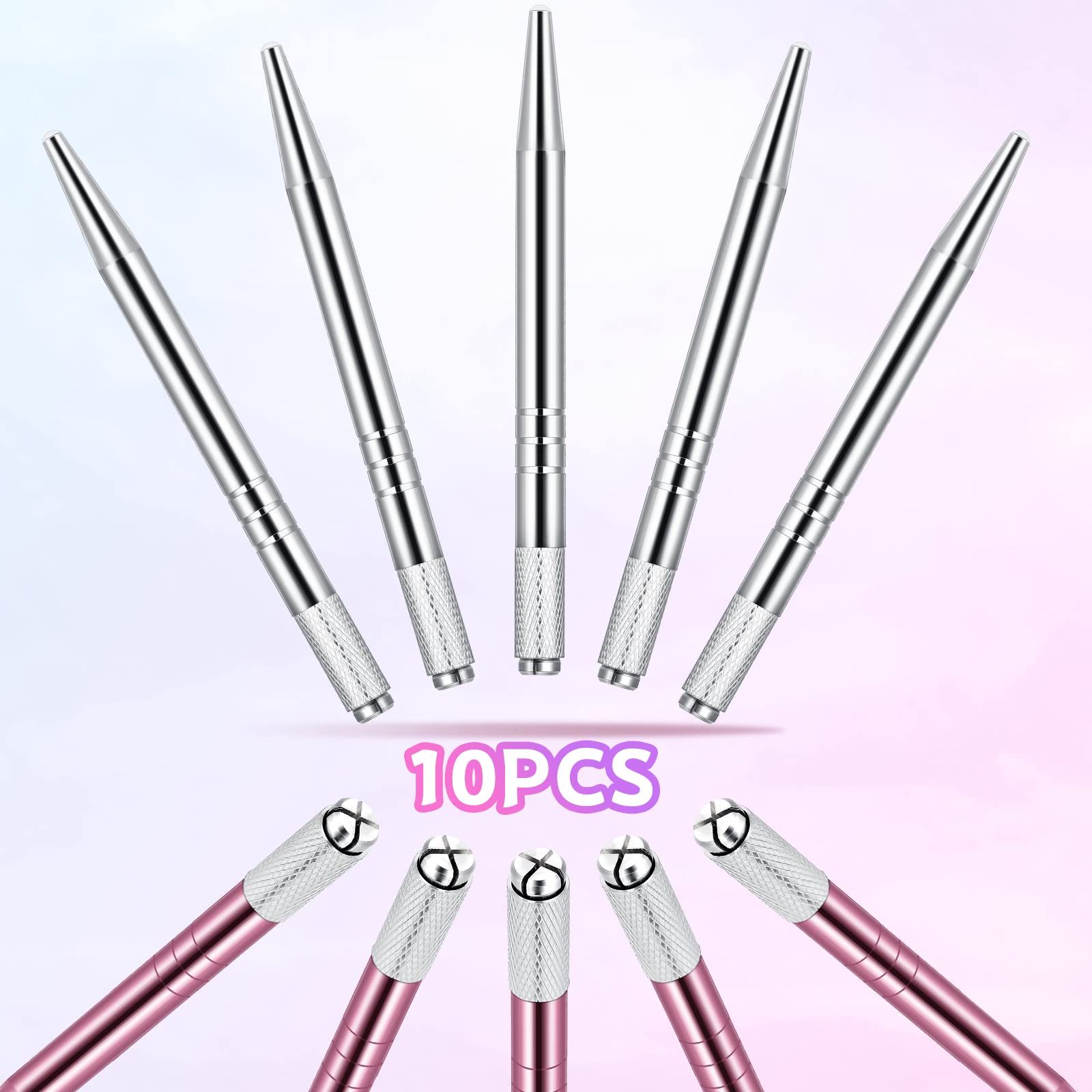 10-Piece Microblading Pen Set - Manual Eyebrow Microblade Tools with Aluminum Handles (Silver & Pink) - Professional Salon-Grade Makeup Supplies for Eyebrow Shaping & Permanent Makeup Application