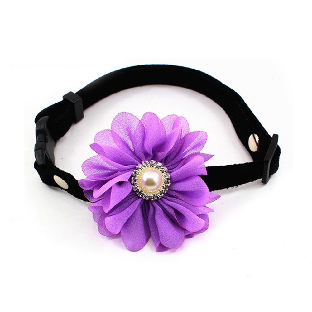 Stylish Rhinestone Daisy Flower Charm Suede Leather Pet Bow Tie Collar - Adjustable Necklace with Pearl Accents for Small Dogs & Cats (Purple, XS) - Perfect for Yorkie Puppies, Special Occasions & Photo Shoots