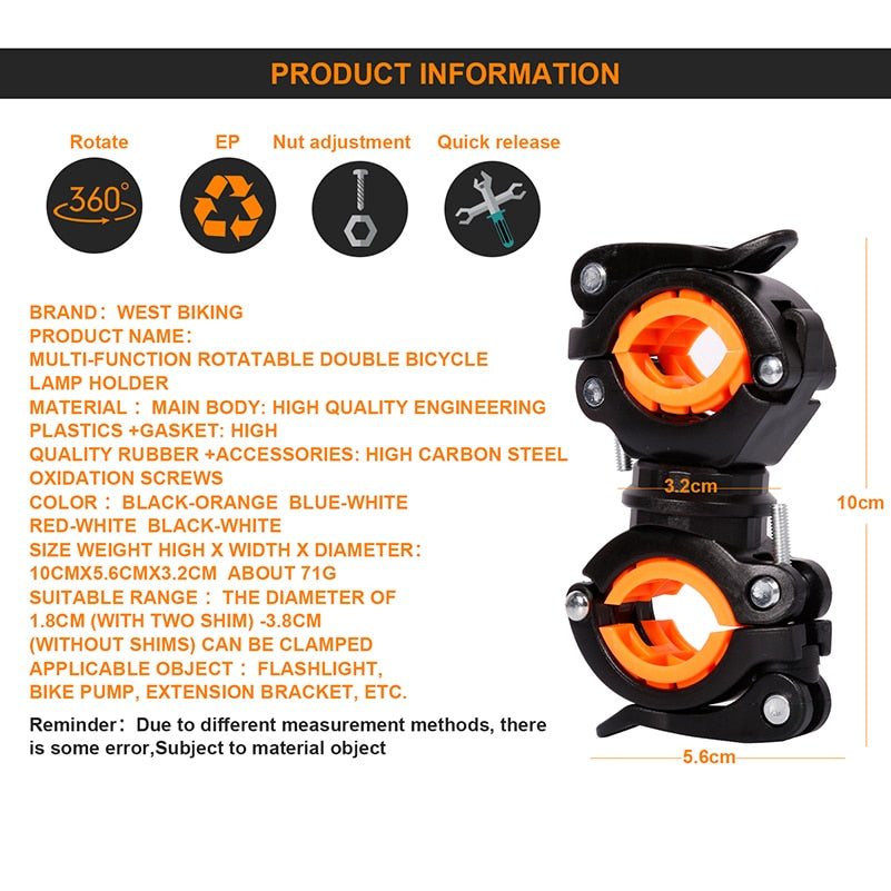 LED Bike Light Holder - Dual Mount Front Flashlight & Pump Lamp for MTB, Road Bikes | Handlebar & Seatpost Rotating Light Bracket for Night Cycling Safety